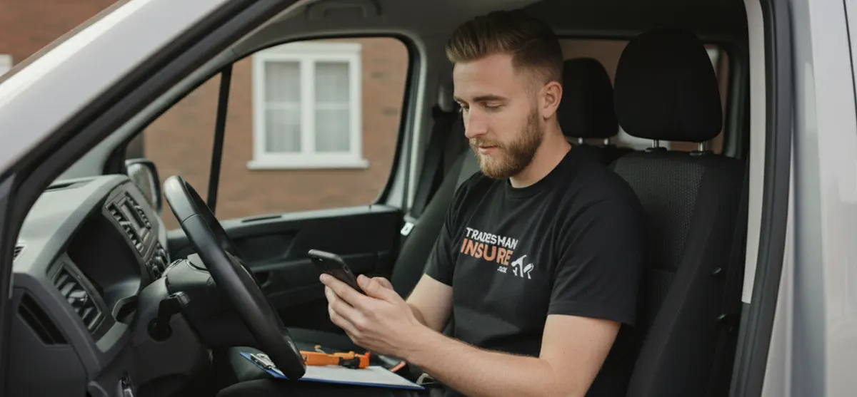 Tradesman sitting in his van looking at his phone