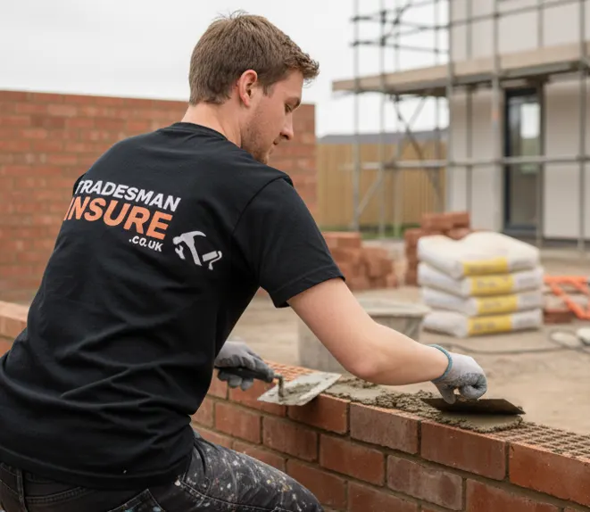 Bricklayer in a TradesmanInsure t-shirt laying bricks on a new build site