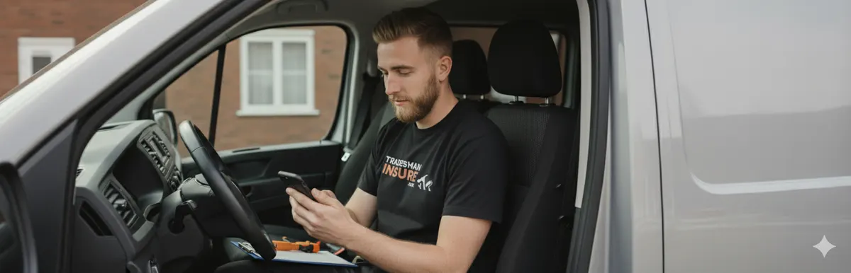 Tradesman sitting in his van looking at his phone
