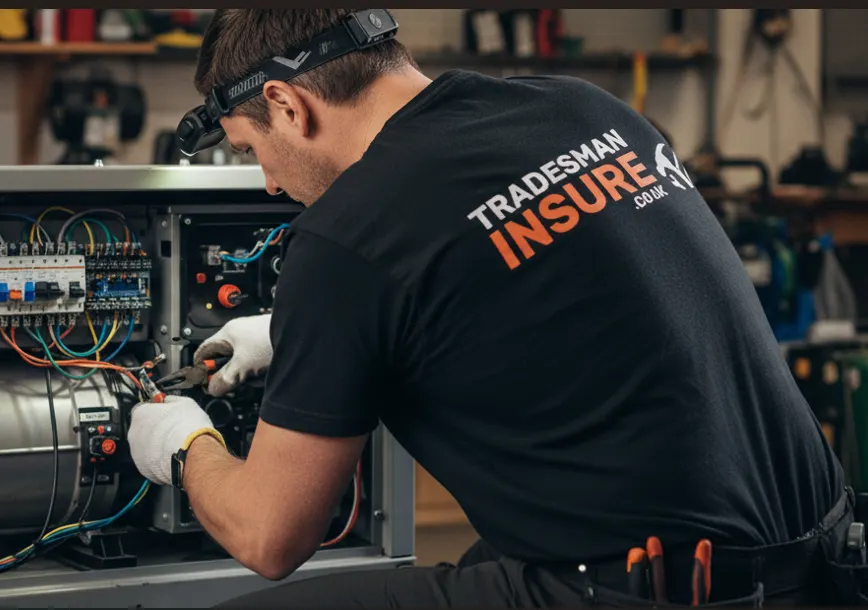 Electrician in a TradesmanInsure t-shirt wiring a control panel